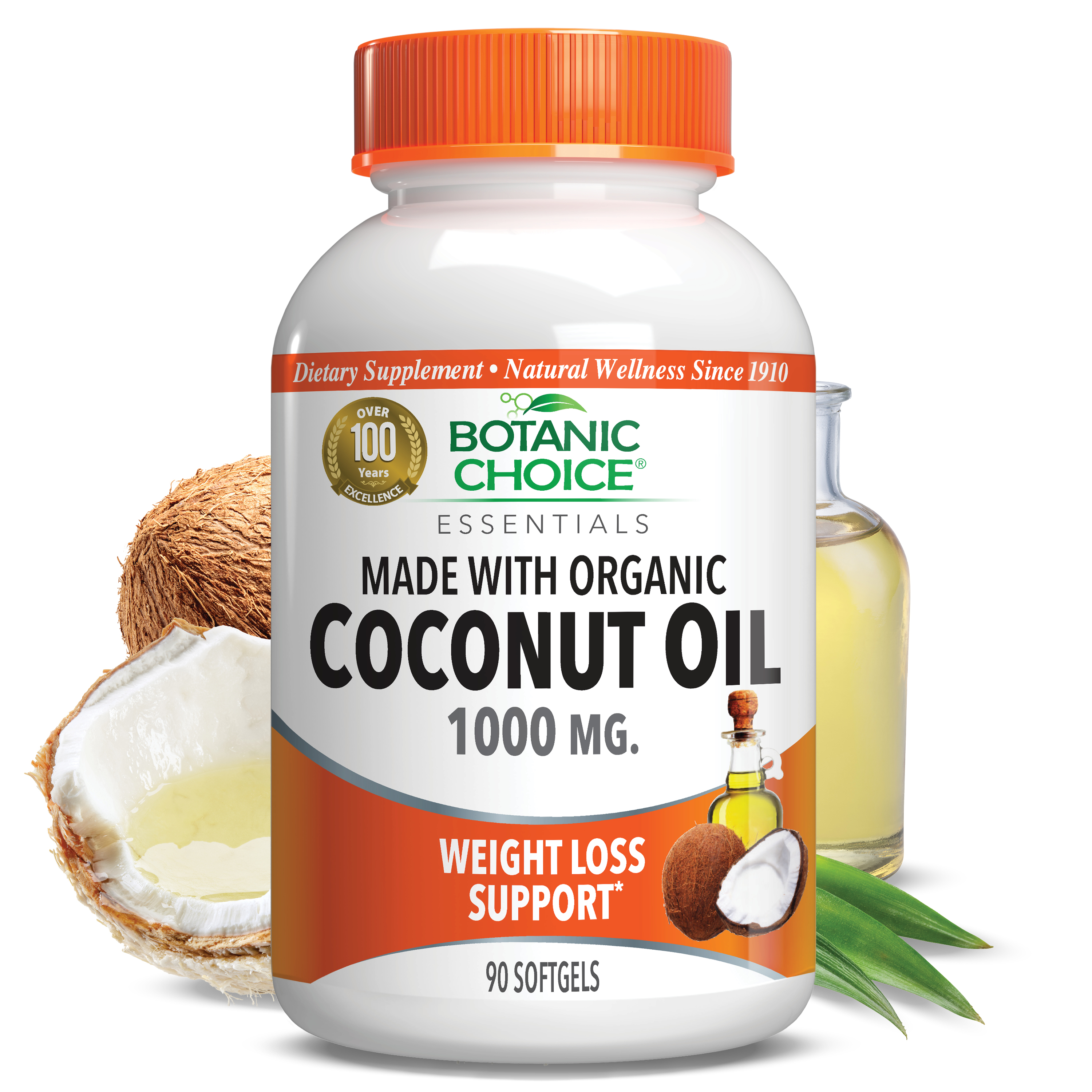 Coconut Oil, Organic 1000 mg - Weight Loss Support Supplement - 90 Softgels