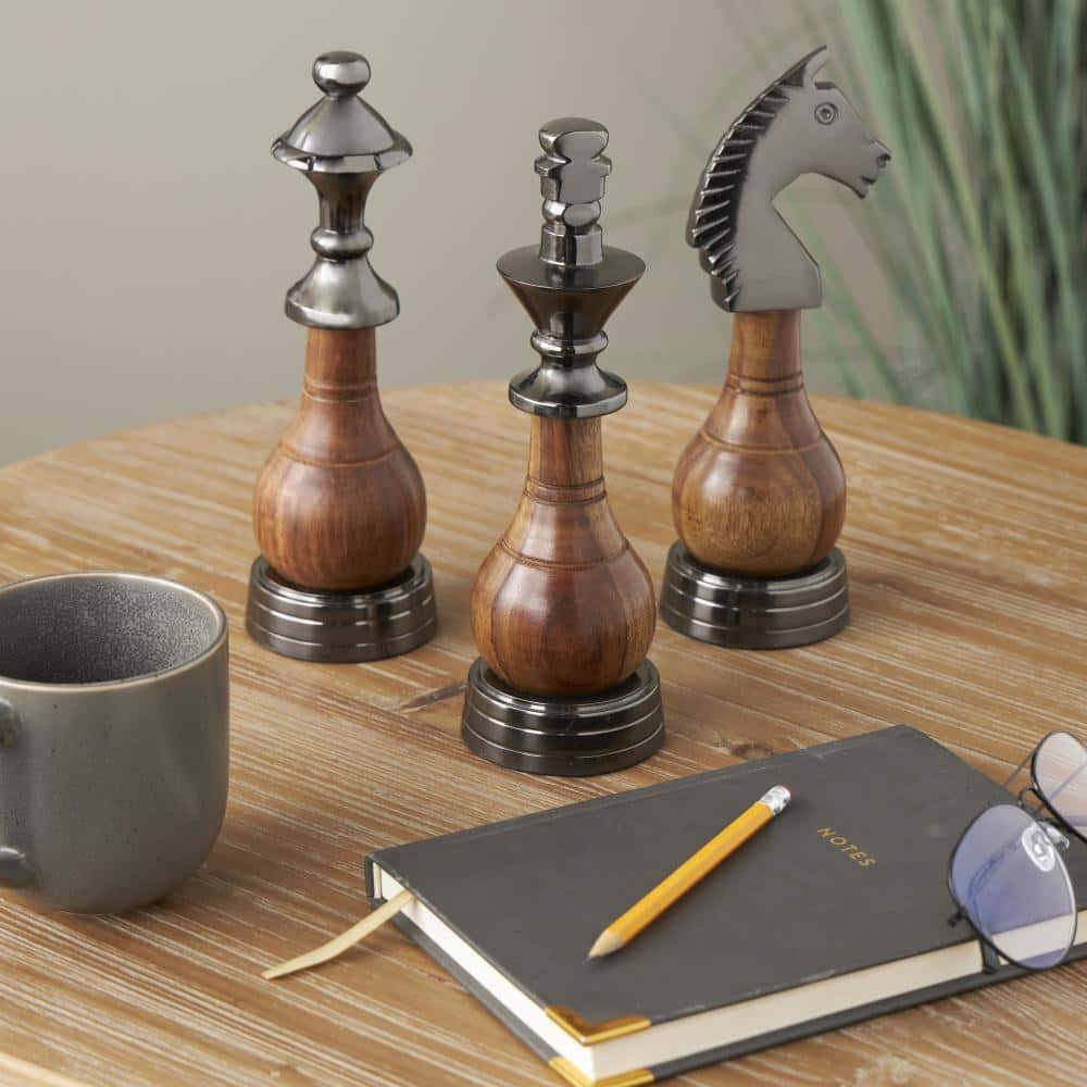Dark Gray Aluminum Metal King, Queen, and Knight Chess Sculpture with Mango Wood Center Set of 3