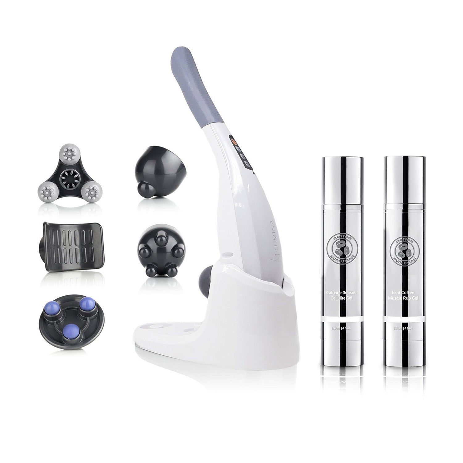 LuminaNRG HammerNRG Deep Tissue Body Massager w/ Caffeine Skin Care Body Indulge Set in White