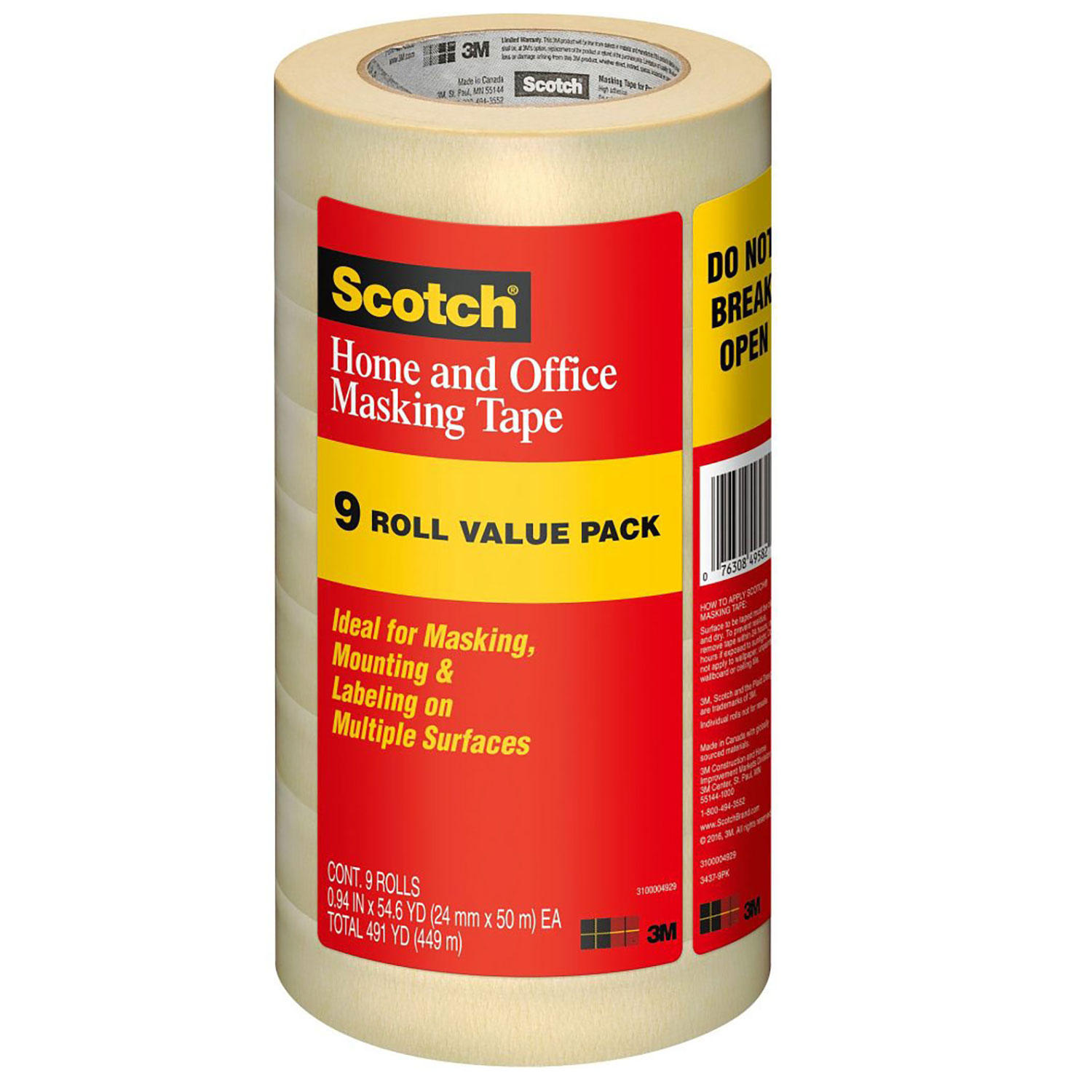Scotch Masking Tape, 1' x 55yds, 3' Core, Tan, 9pk.