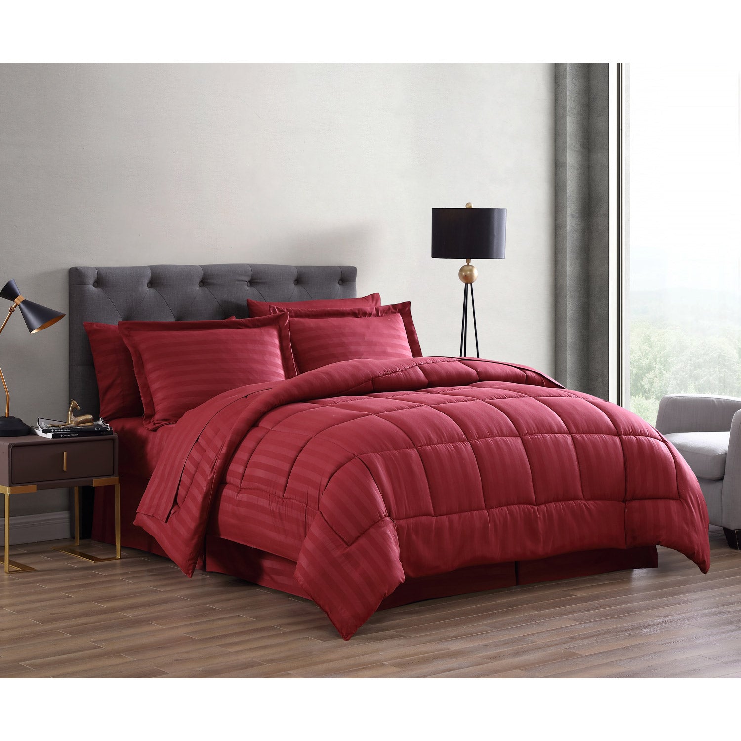 The Nesting Company Maple Dobby Stripe 8 Piece bed in a bag Comforter Set in Burgundy