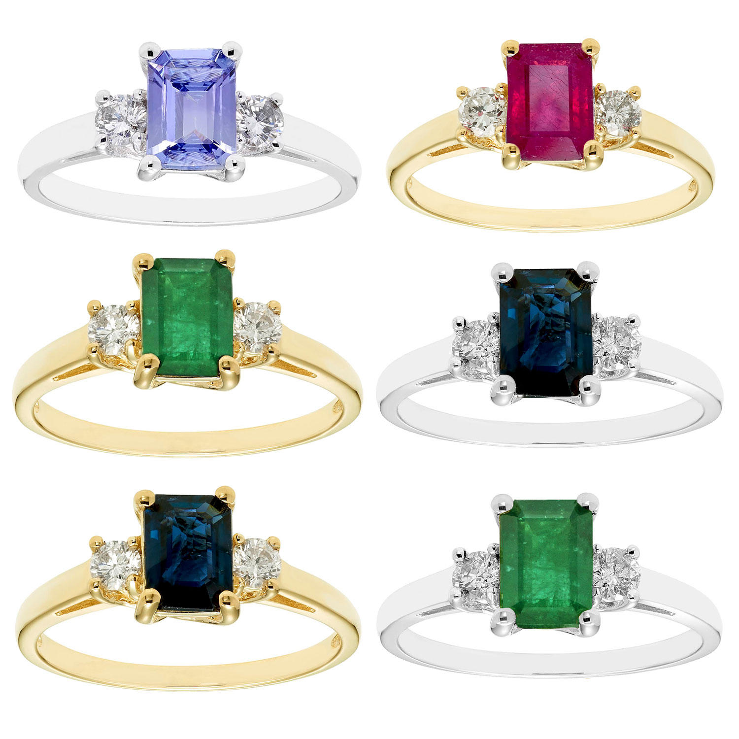Three Stone Octogonal Ruby Ring with .20CT. T. W. Diamond Set in 14K Yellow Gold 5:- Ruby, Yellow Gold, 5