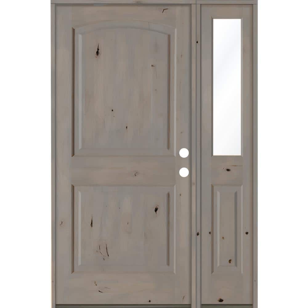 56 in. x 80 in. Knotty Alder 2 Panel Left-Hand/Inswing Clear Glass Grey Stain Wood Prehung Front Door with Sidelite