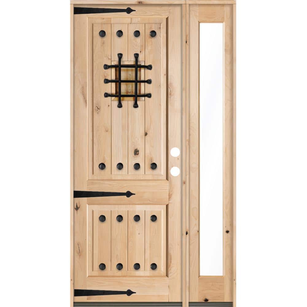 56 in. x 96 in. Mediterranean Knotty Alder Sq Unfinished Left-Hand Inswing Prehung Front Door with Right Full Sidelite