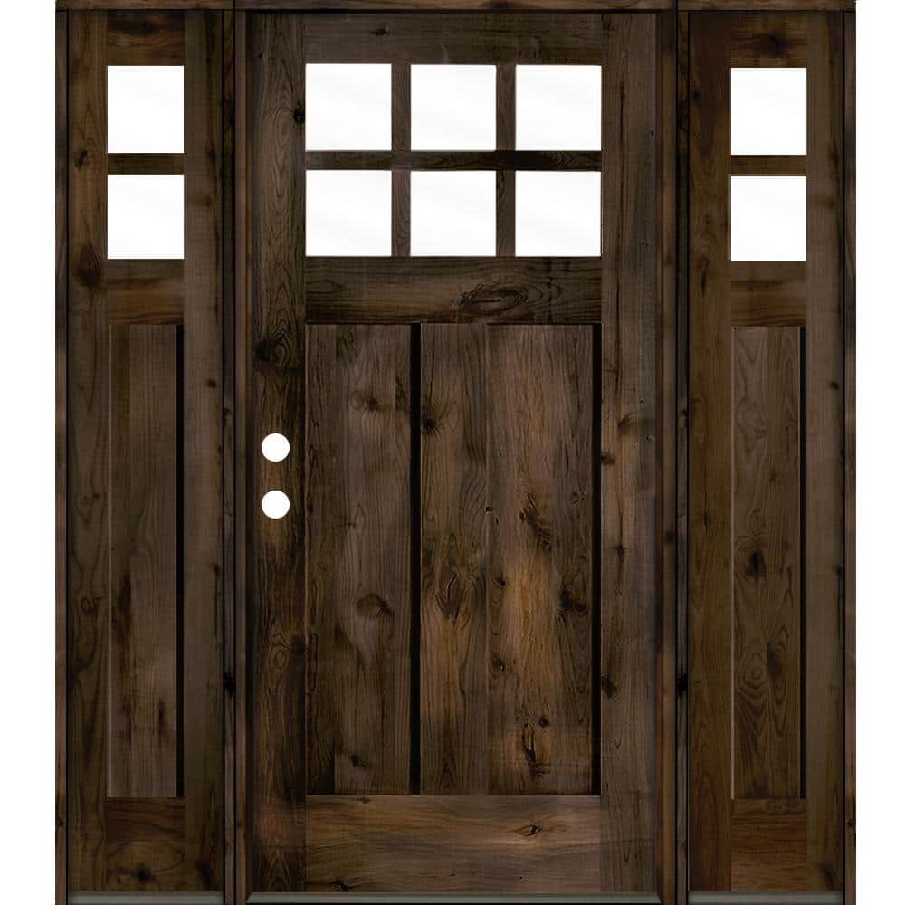 60 in. x 80 in. Craftsman Knotty Alder Right-Hand/Inswing 6 Lite Clear Glass Black Stain Wood Prehung Front Door w/DSL