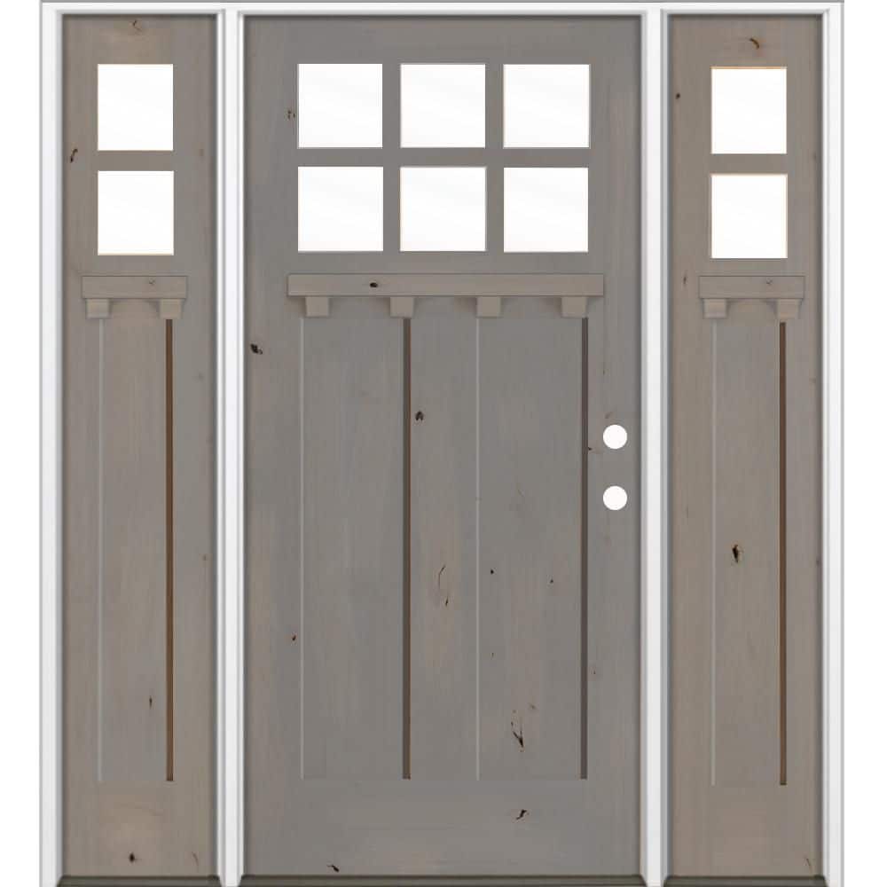 60 in. x 80 in. Knotty Alder Left-Hand/Inswing 6 Lite Clear Glass DS Weathered Gray Stain Wood Prehung Front Door w/ DSL