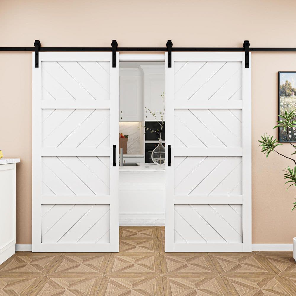 72 in. x 84 in. White 4 Lite Wave Pattern Finished MDF Sliding Barn Door with Hardware Kit