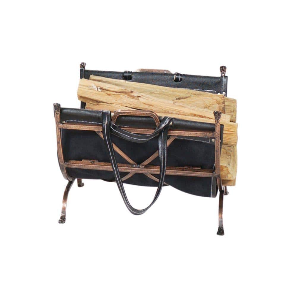 Antique Copper Finish Firewood Rack with Handcrafted Black Leather Carrier