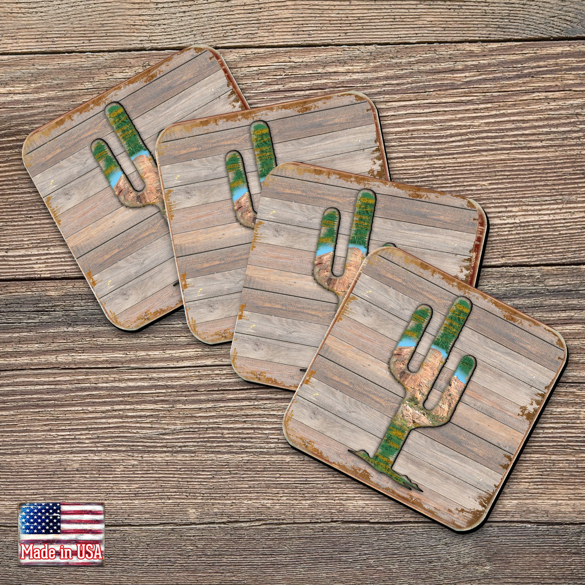 Cactus Coasters Set Of 4 - Nature-Inspired Table Decor Handcrafted With Wooden Cork Housewarming Gift Unique 8199416C Made in Usa