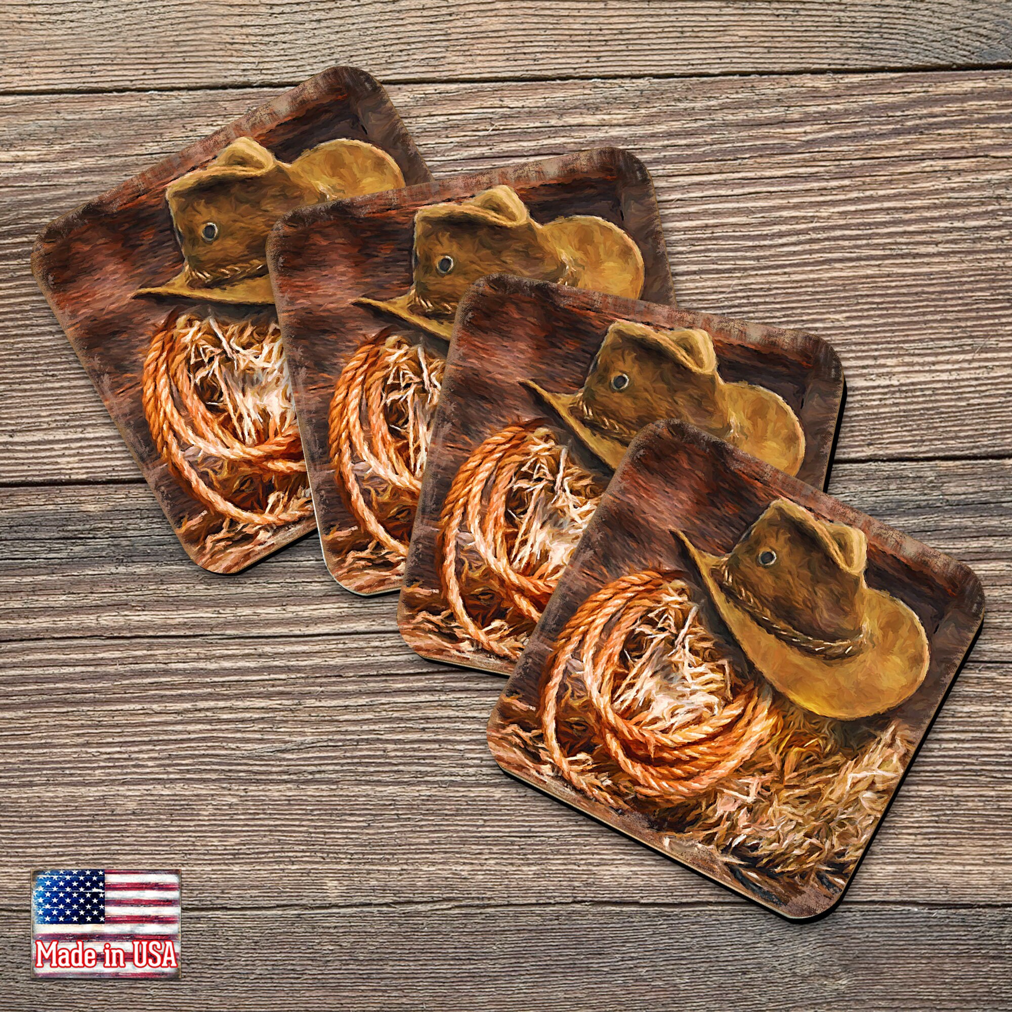 Cowboy Hat Coasters - Set Of 4 Gift Nature Table Decor Wooden Handcrafted With Cork Housewarming Western 95233C Usa-Made