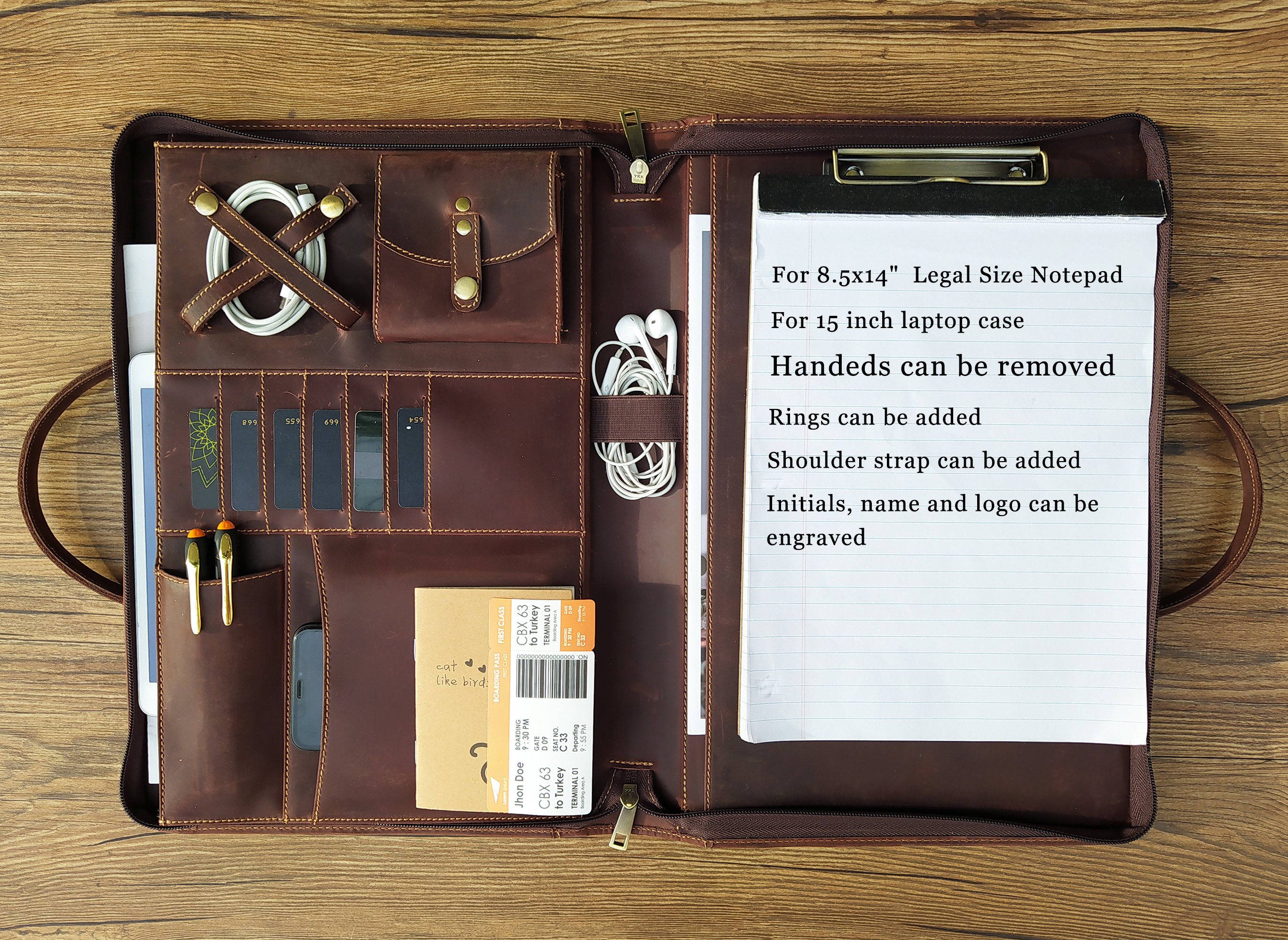 Personalized Leather Portfolio, Zippered Padfolio With Clipboard & Handle, Legal Size 8.5x14" Notepad Planner, 15-Inch Laptop Organizer Case