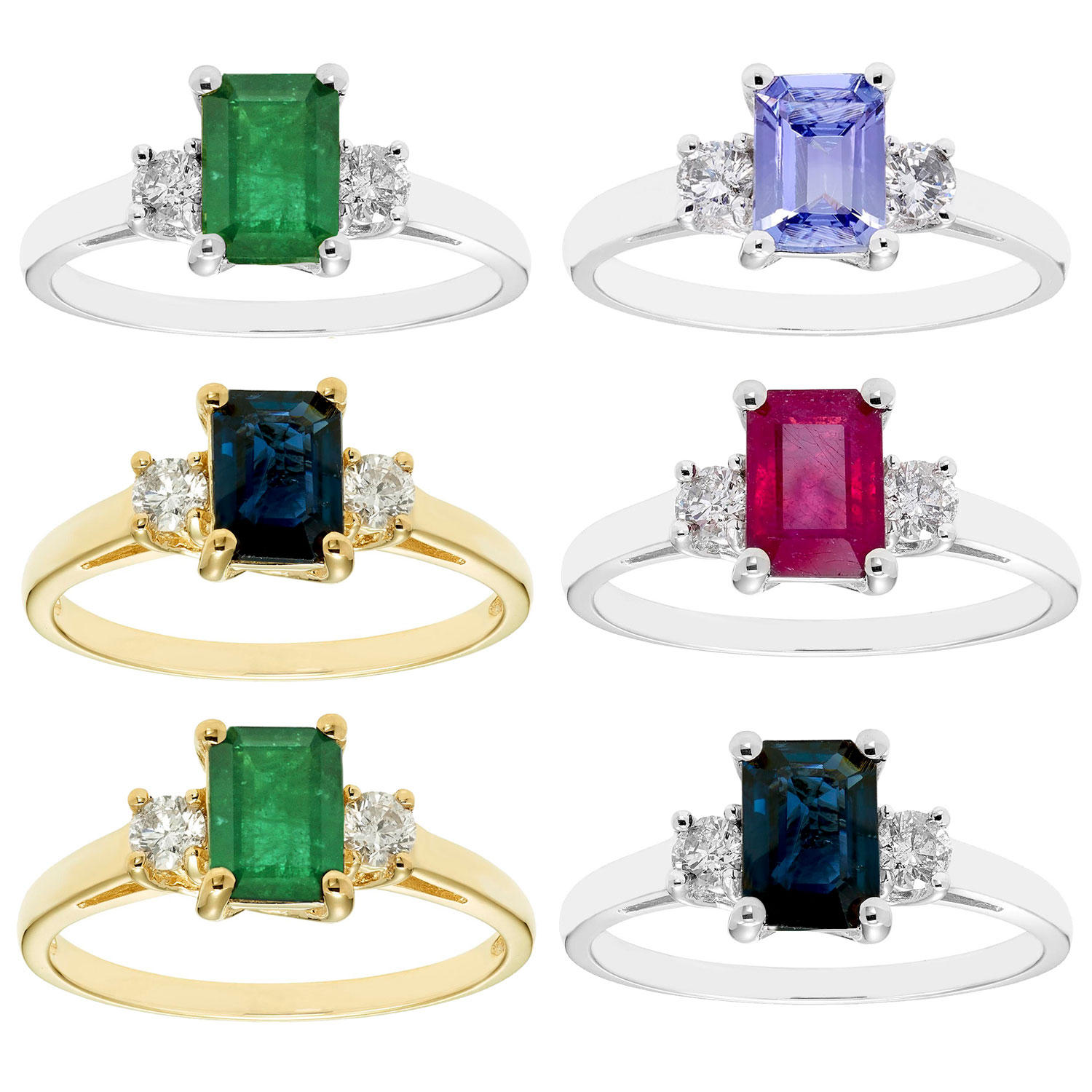 Three Stone Octogonal Emerald Ring with .20CT. T. W. Diamond Set in 14K Yellow Gold 7:- Emerald, Yellow Gold, 7